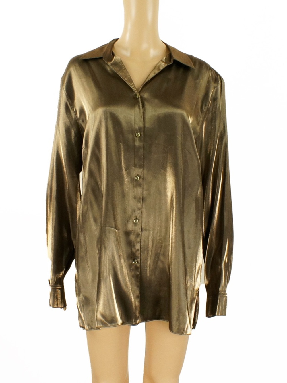 Vintage Liquid Gold Bronze Metallic Satin Shirt Blouse Button Up Shiny Top - Picture 3 of 6